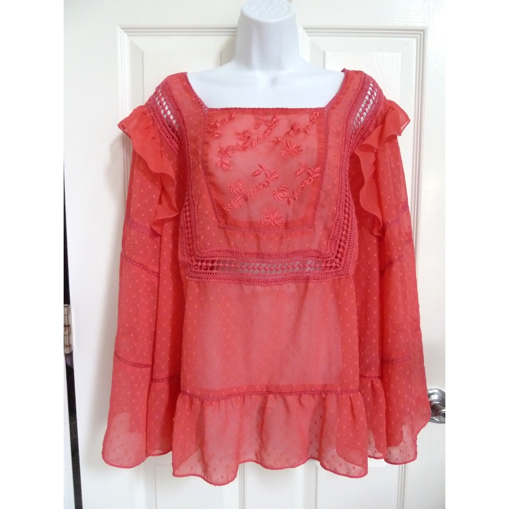 Nanette Lepore 2X Sheer Blouse Pink Fairy Ruffle Embroidered Boho Square Neck